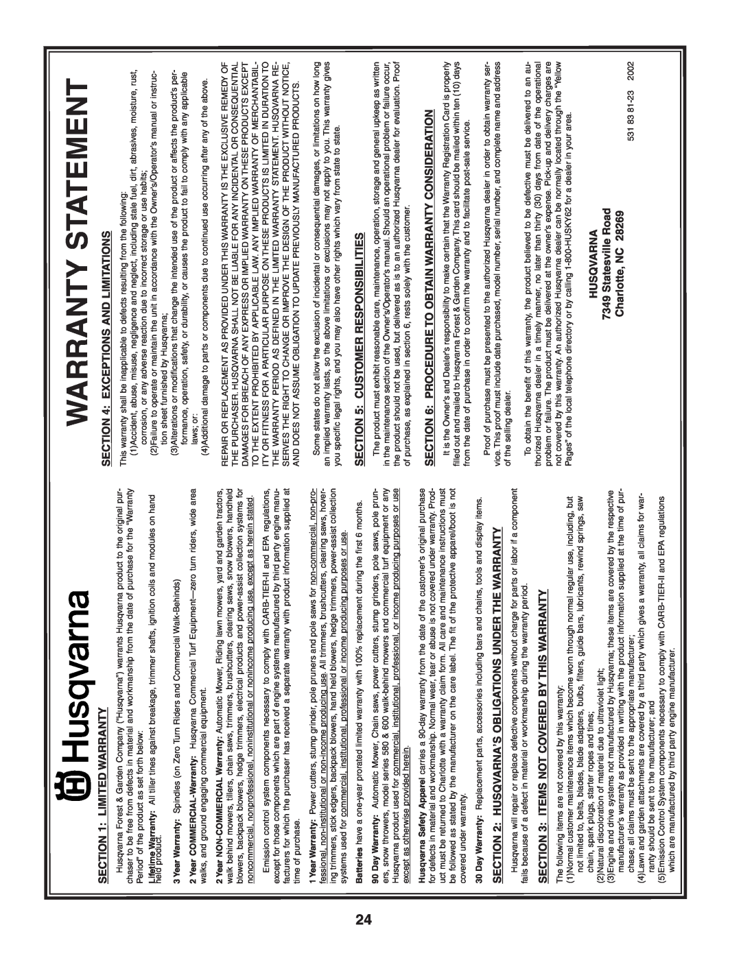 Husqvarna 5521RS owner manual Statementwarranty, 2002 23-81, HUSQVARNA RoadStatesville 