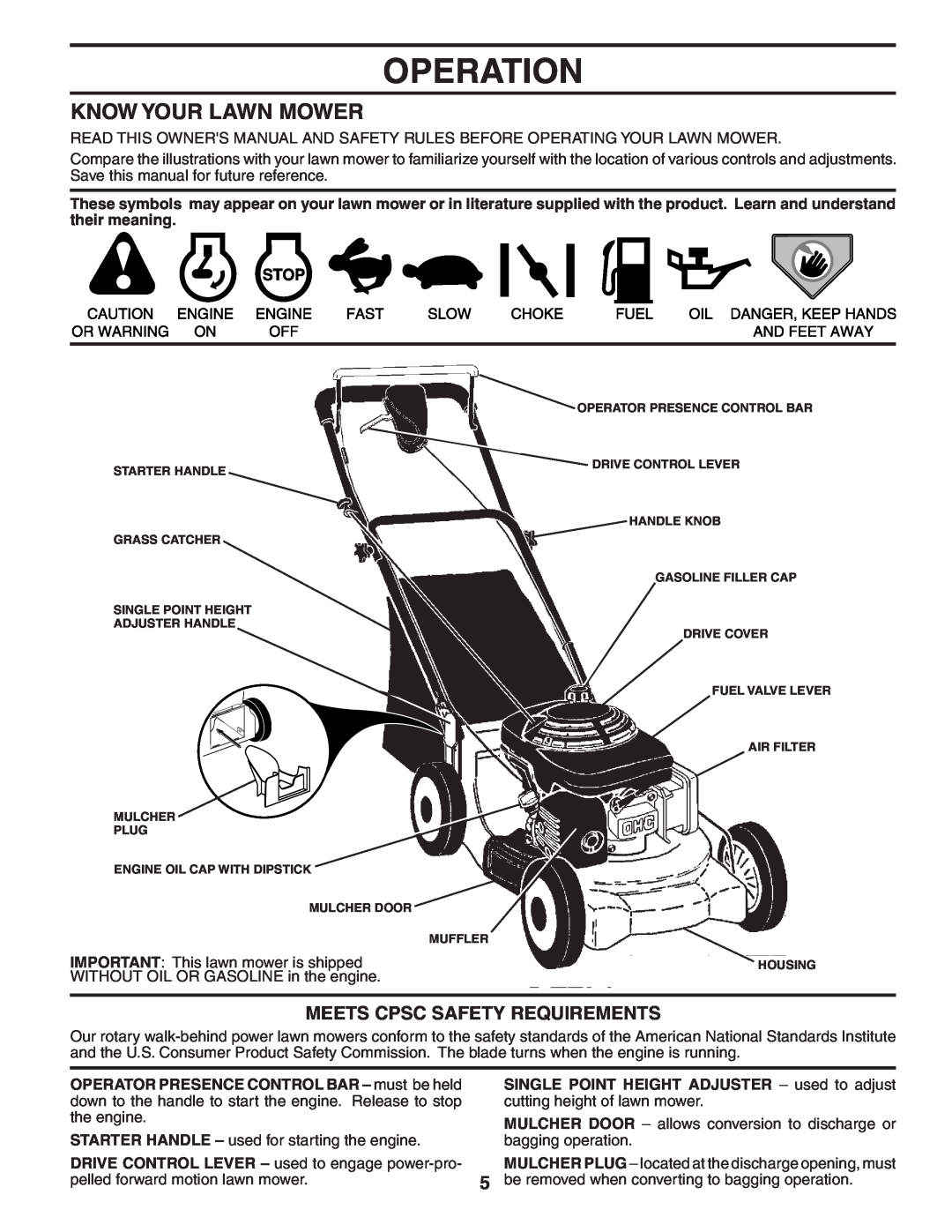 Husqvarna 5521RS owner manual Operation, Know Your Lawn Mower, Meets Cpsc Safety Requirements 