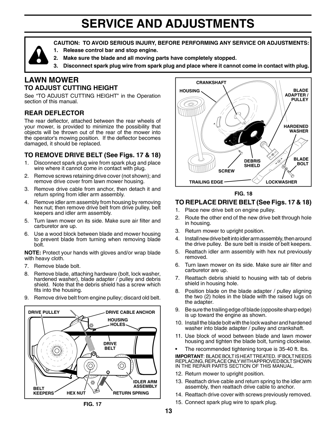 Husqvarna 5521RSX Service and Adjustments, To Adjust Cutting Height, Rear Deflector, To Remove Drive Belt See Figs 