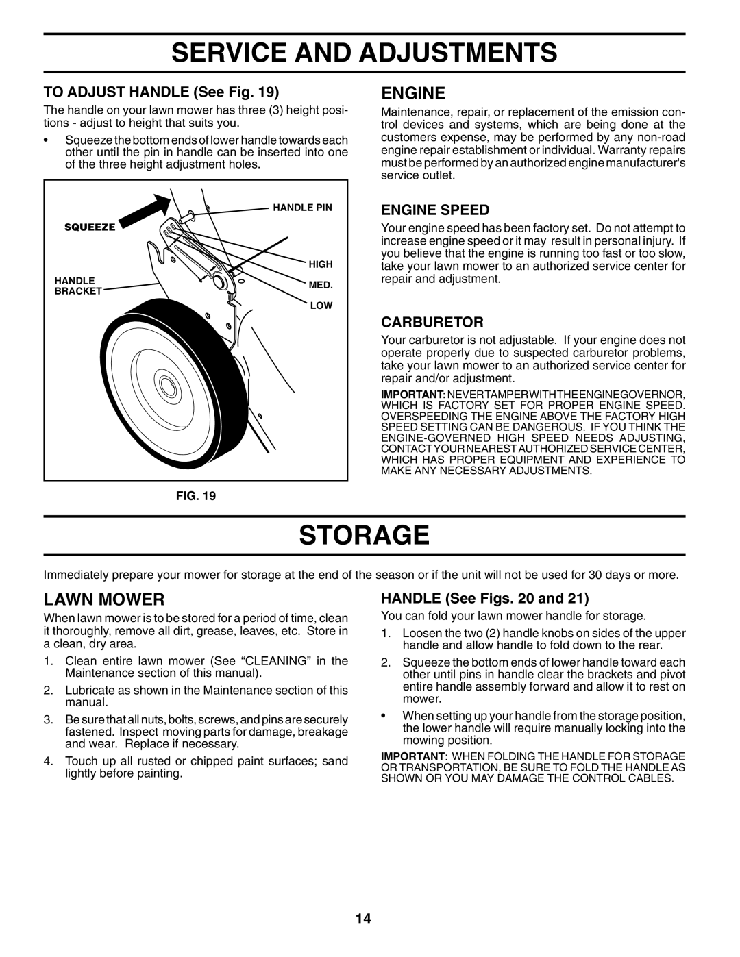 Husqvarna 5521RSX owner manual Storage, To Adjust Handle See Fig, Carburetor, Handle See Figs 