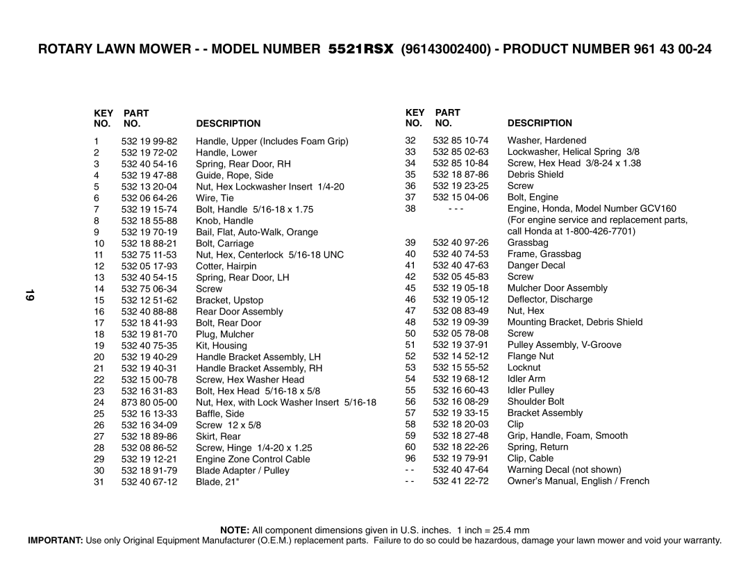 Husqvarna 5521RSX owner manual KEY Part Description 