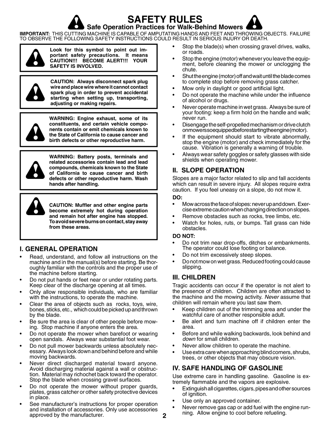 Husqvarna 5521RSX Safe Operation Practices for Walk-Behind Mowers, II. Slope Operation, General Operation, III. Children 