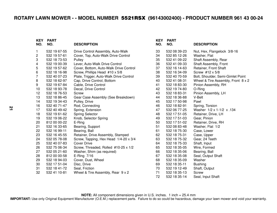 Husqvarna 5521RSX owner manual KEY Part Description 