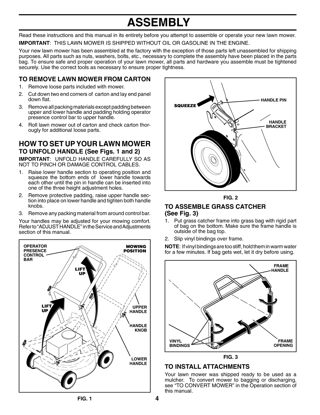 Husqvarna 5521RSX Assembly, HOW to SET UP Your Lawn Mower, To Remove Lawn Mower from Carton, To Install Attachments 