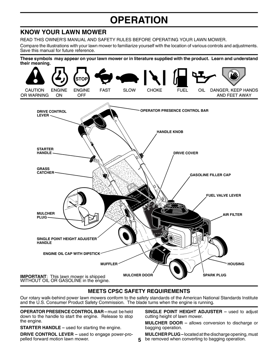 Husqvarna 5521RSX owner manual Operation, Know Your Lawn Mower, Meets Cpsc Safety Requirements 