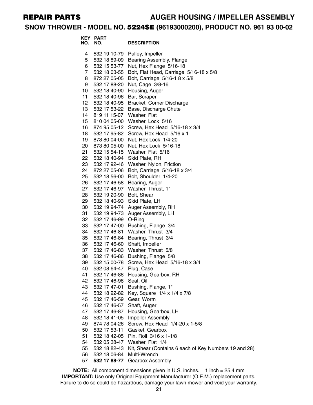 Husqvarna 5524SE owner manual KEY Part Description 