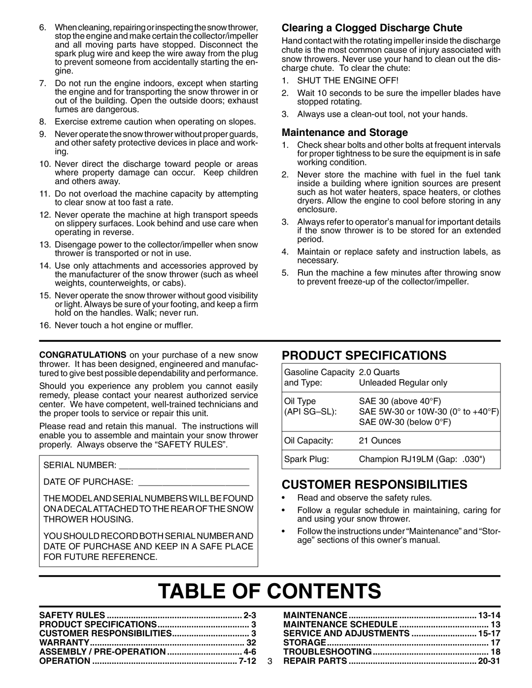 Husqvarna 5524SE owner manual Table of Contents 