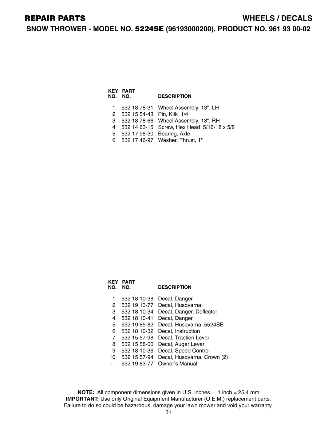 Husqvarna 5524SE owner manual KEY Part Description 