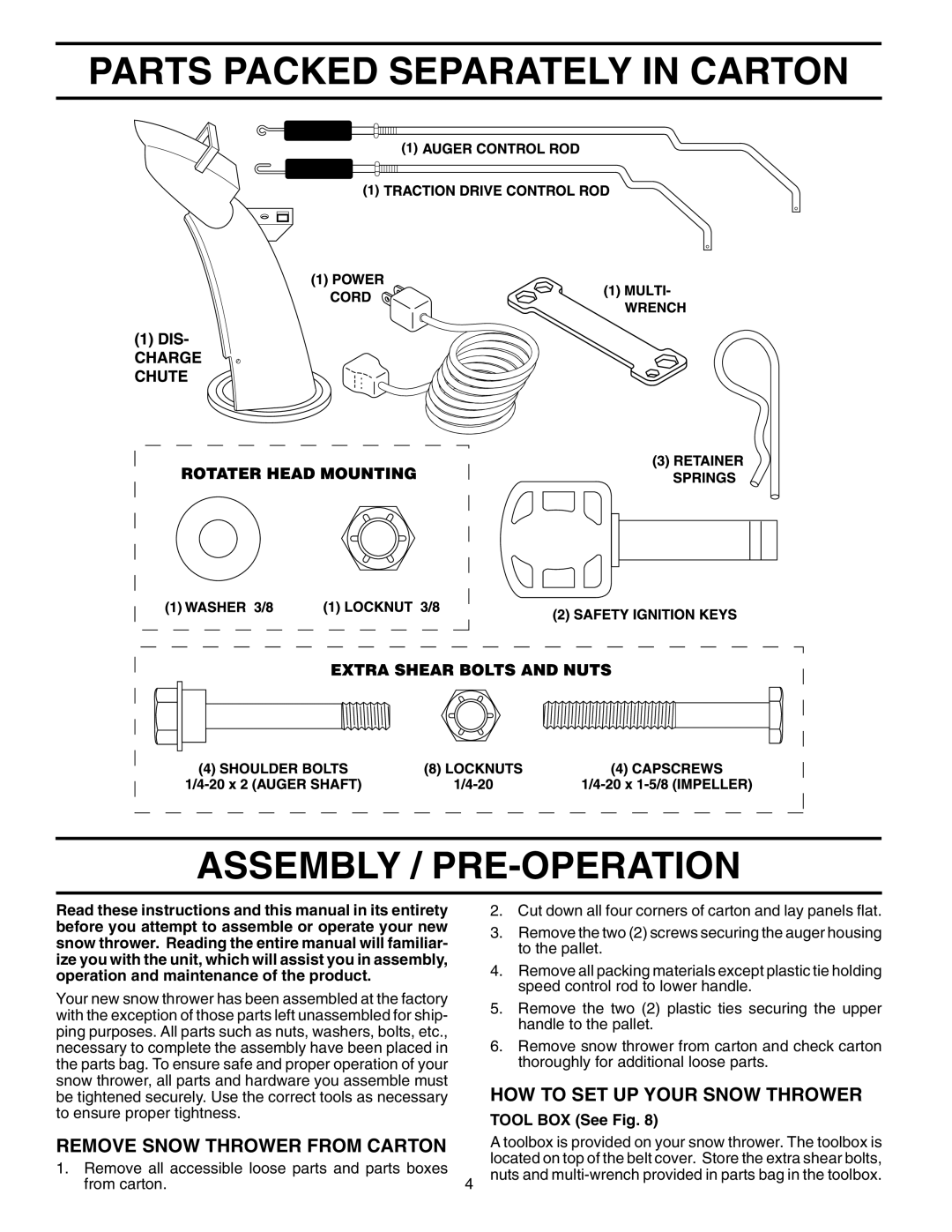 Husqvarna 5524SE owner manual Parts Packed Separately in Carton Assembly / PRE-OPERATION, HOW to SET UP Your Snow Thrower 