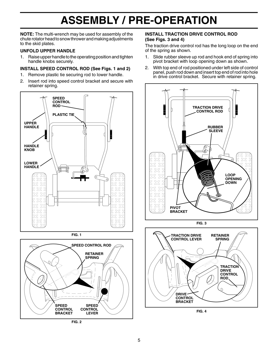 Husqvarna 5524SE Unfold Upper Handle, Install Speed Control ROD See Figs, Install Traction Drive Control ROD See Figs 