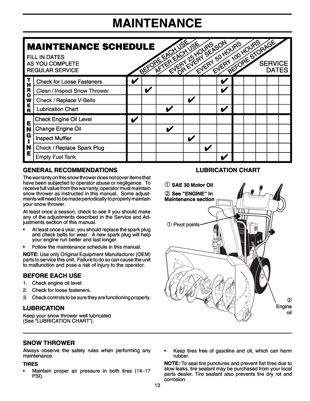 Husqvarna 5524SEB Maintenance, General Recommendations, Before Each Use, Snow Thrower, Lubrication Chart, Tires 