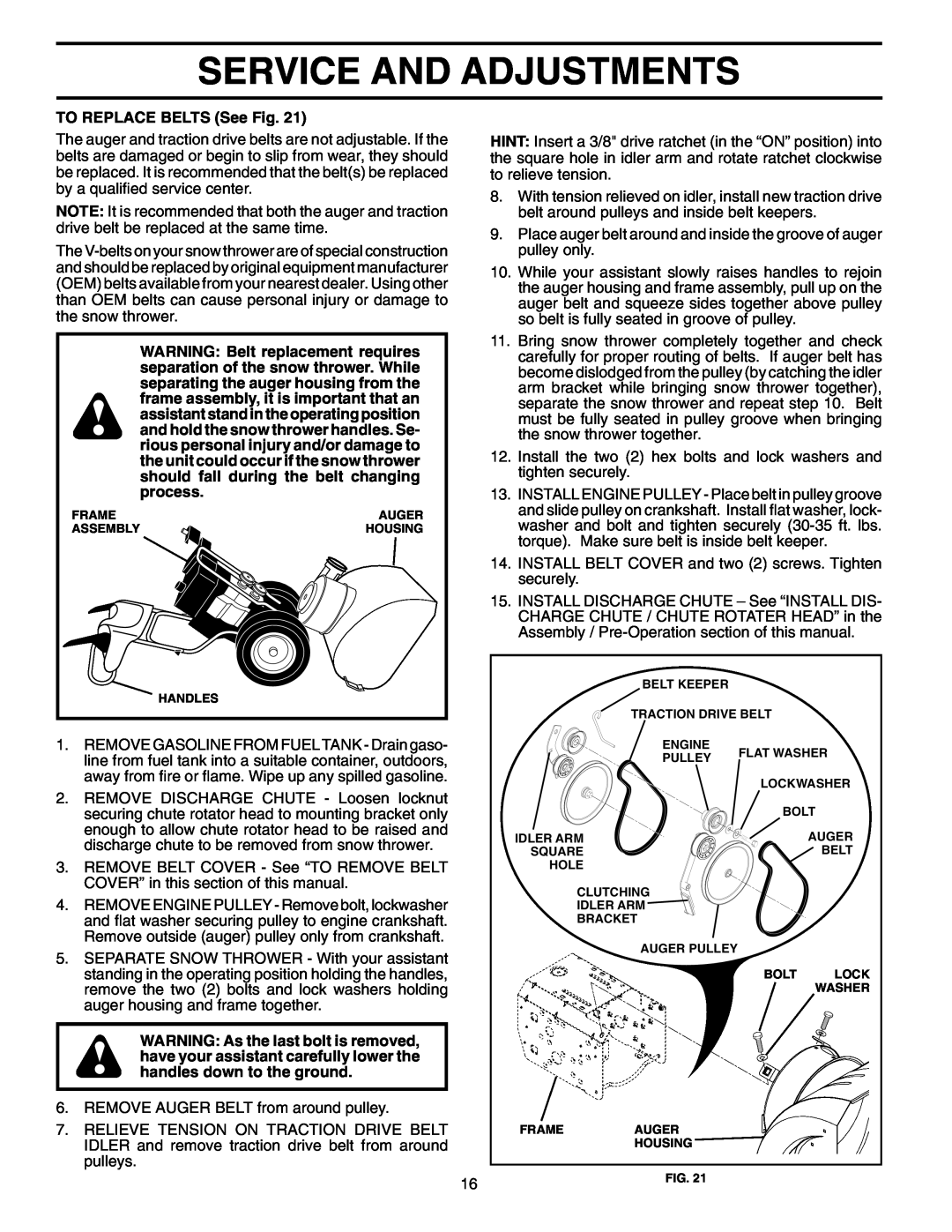 Husqvarna 5524SEB owner manual Service And Adjustments, TO REPLACE BELTS See Fig 