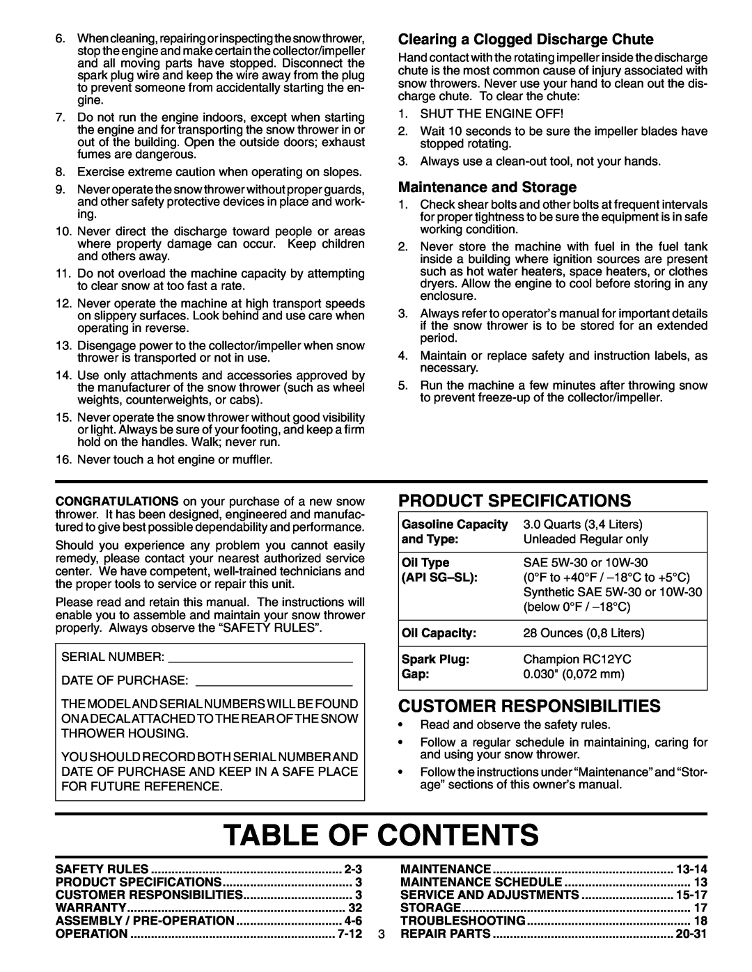 Husqvarna 5524SEB Table Of Contents, Product Specifications, Customer Responsibilities, Clearing a Clogged Discharge Chute 