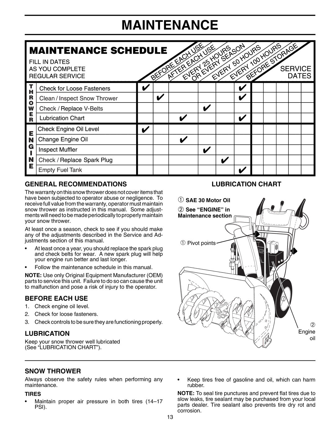 Husqvarna 5524SEB owner manual Maintenance, General Recommendations, Before Each USE, Lubrication, Snow Thrower 