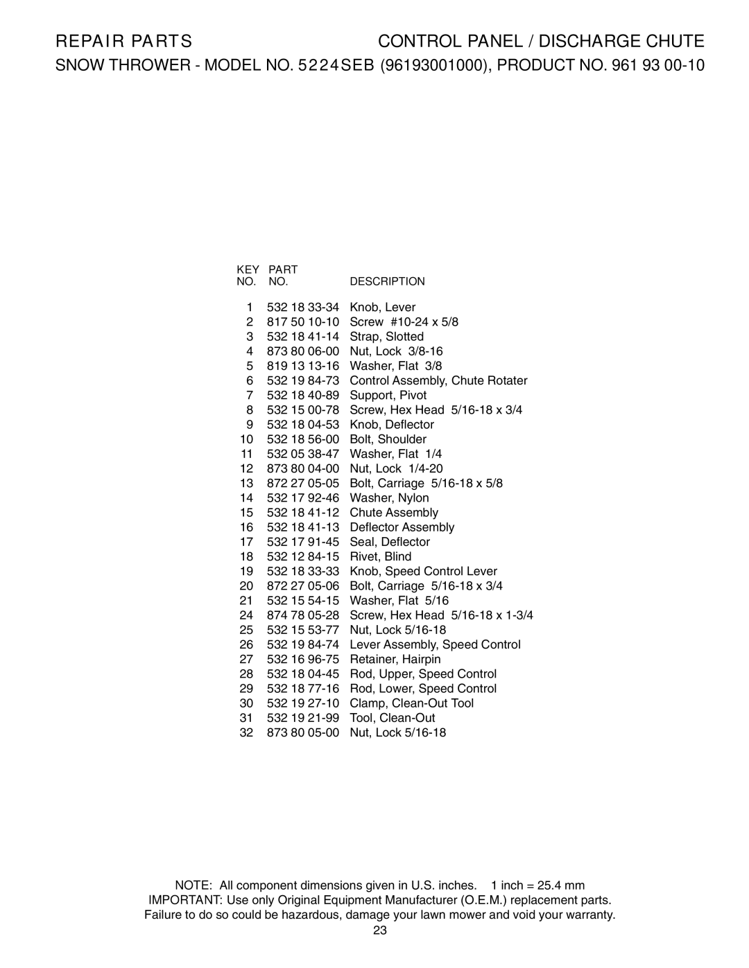 Husqvarna 5524SEB owner manual KEY Part Description 