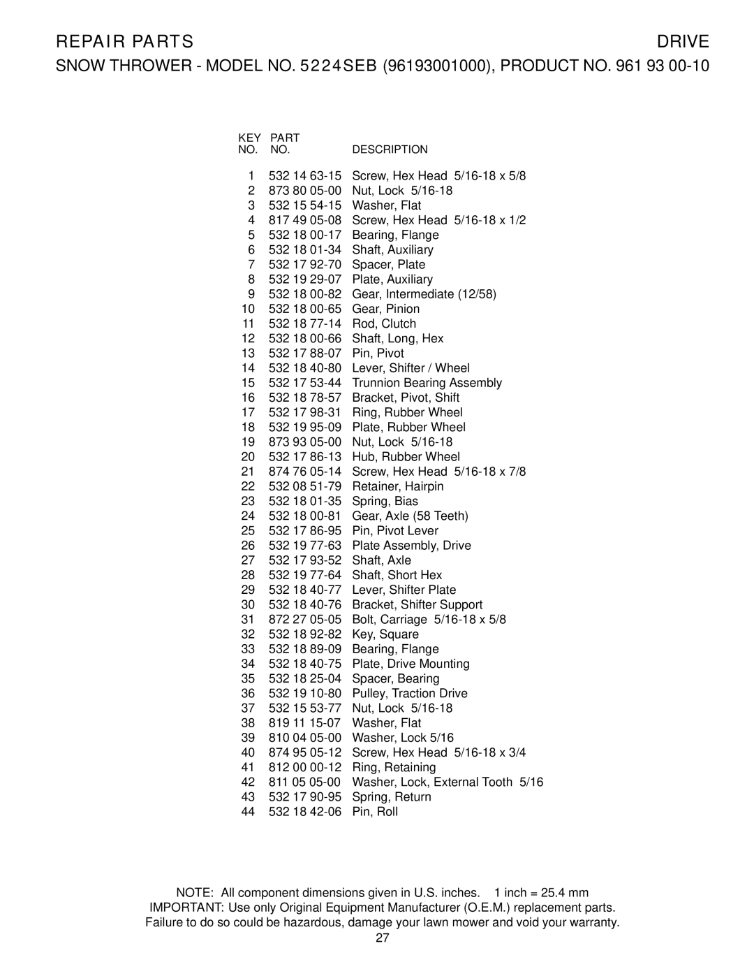 Husqvarna 5524SEB owner manual Repair Parts 