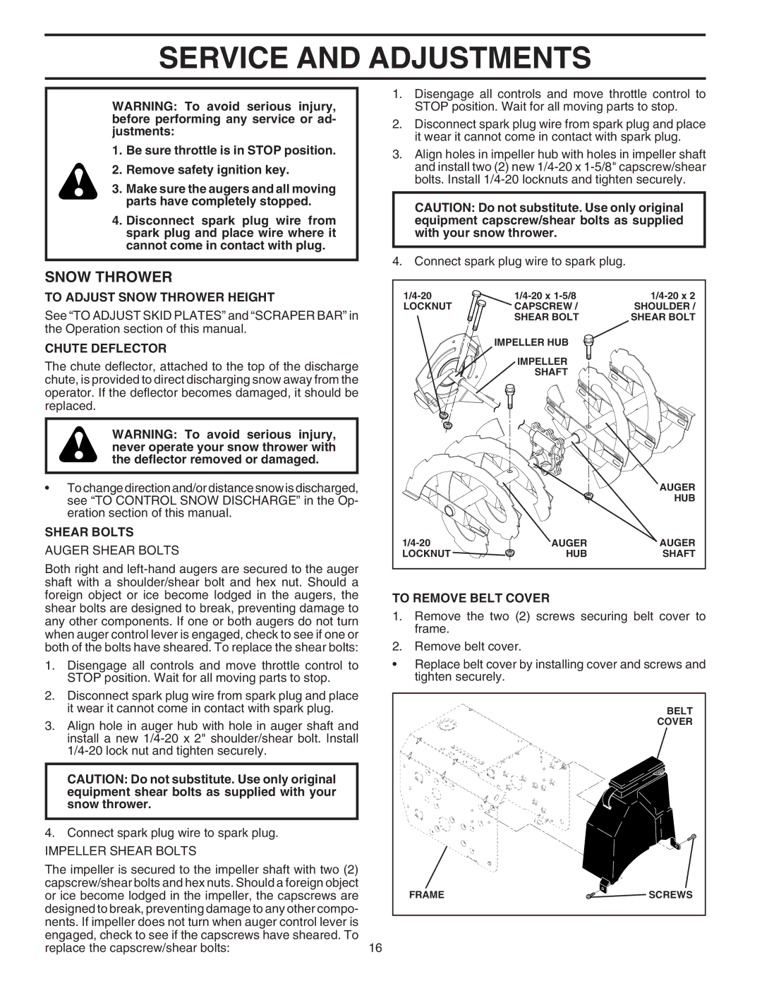 Husqvarna 5524ST owner manual Service and Adjustments, To Adjust Snow Thrower Height, Chute Deflector, Shear Bolts 