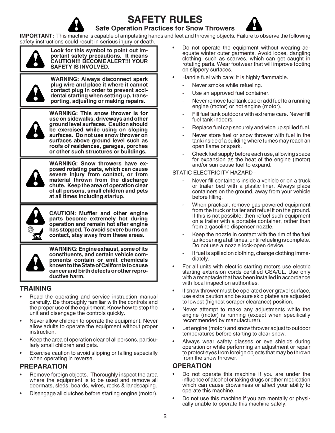 Husqvarna 5524ST owner manual Training, Preparation, Operation, Static Electricity Hazard 