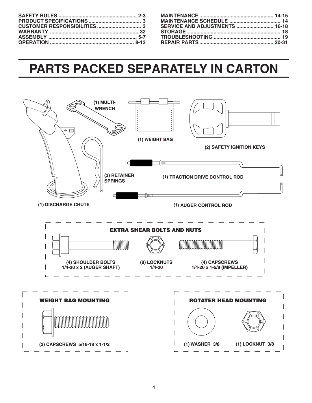 Husqvarna 5524ST owner manual Parts Packed Separately in Carton, Service and Adjustments 