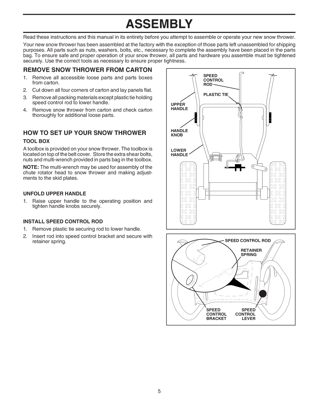 Husqvarna 5524ST owner manual Assembly, Remove Snow Thrower from Carton, HOW to SET UP Your Snow Thrower 