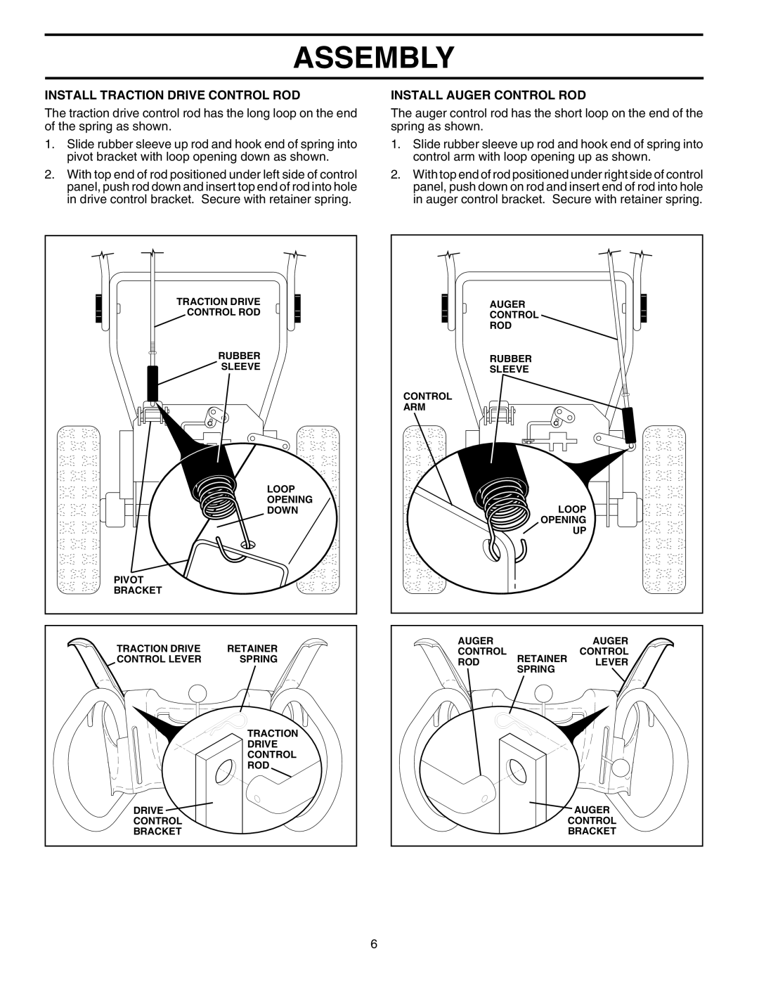 Husqvarna 5524ST owner manual Install Traction Drive Control ROD, Install Auger Control ROD 