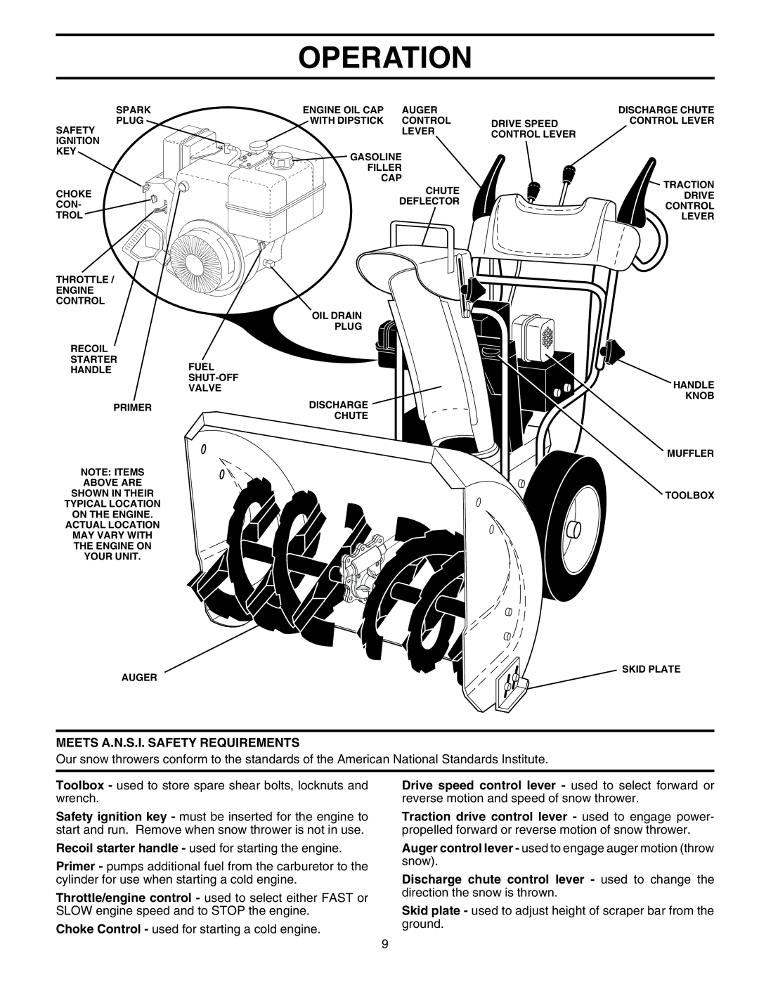 Husqvarna 5524ST owner manual Meets A.N.S.I. Safety Requirements, Discharge chute control lever used to change 