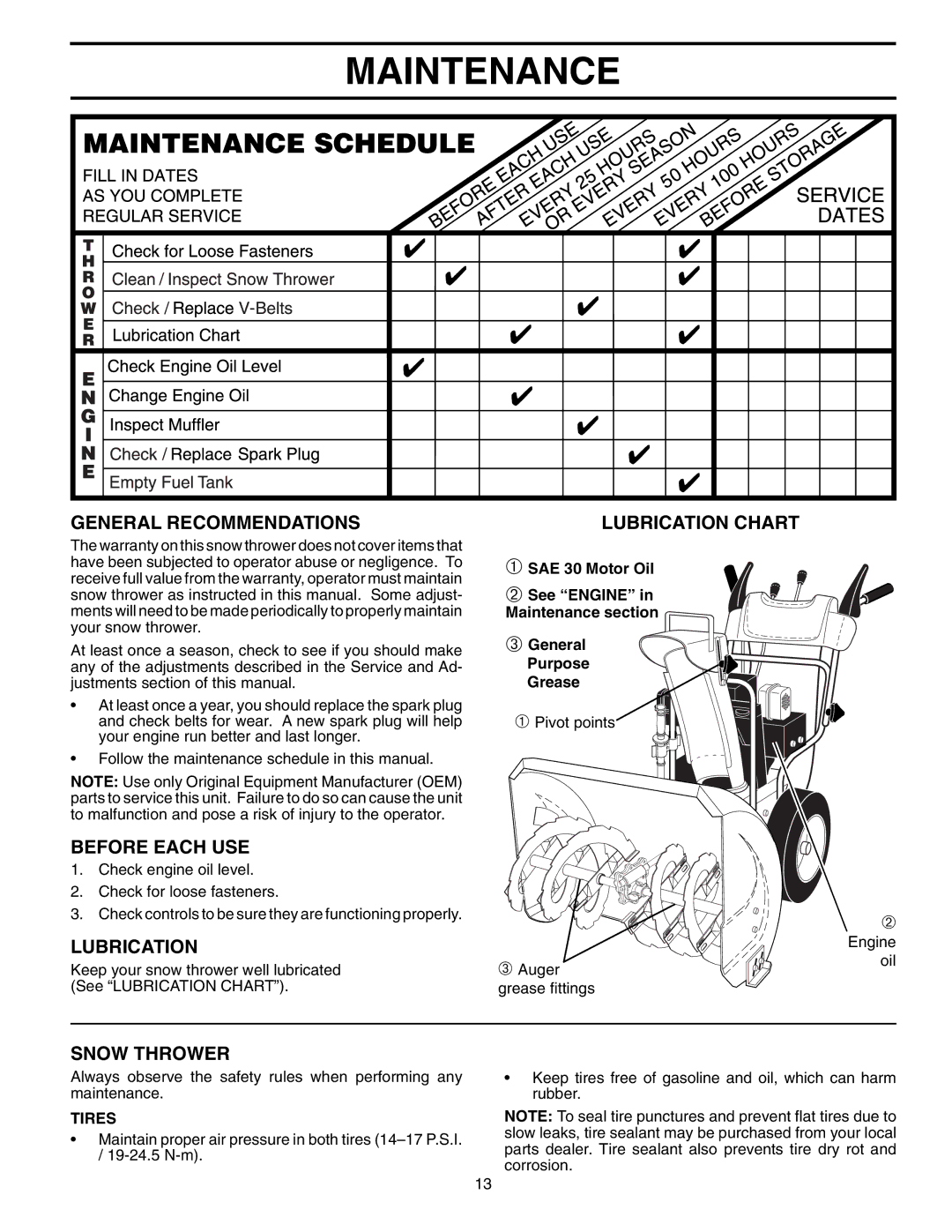 Husqvarna 5524STE owner manual Maintenance, General Recommendations, Before Each USE, Lubrication, Snow Thrower 