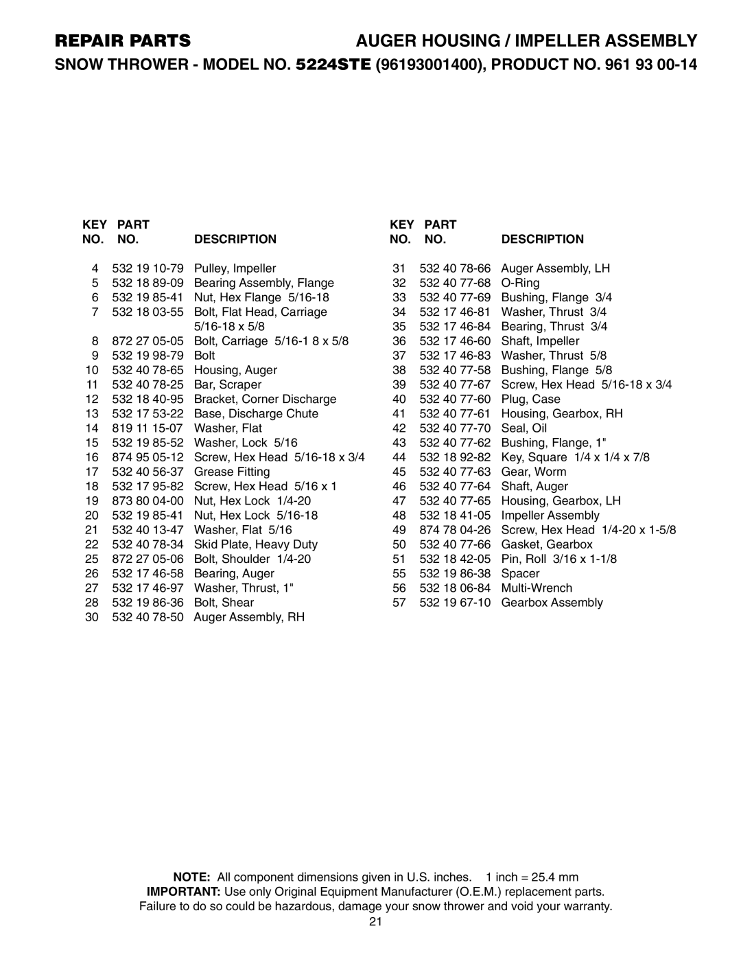 Husqvarna 5524STE owner manual Repair Parts, KEY Part Description 