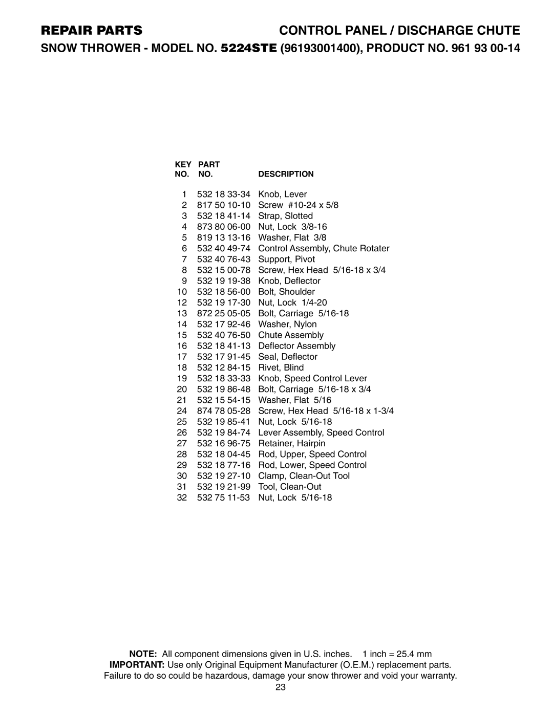 Husqvarna 5524STE owner manual KEY Part Description 