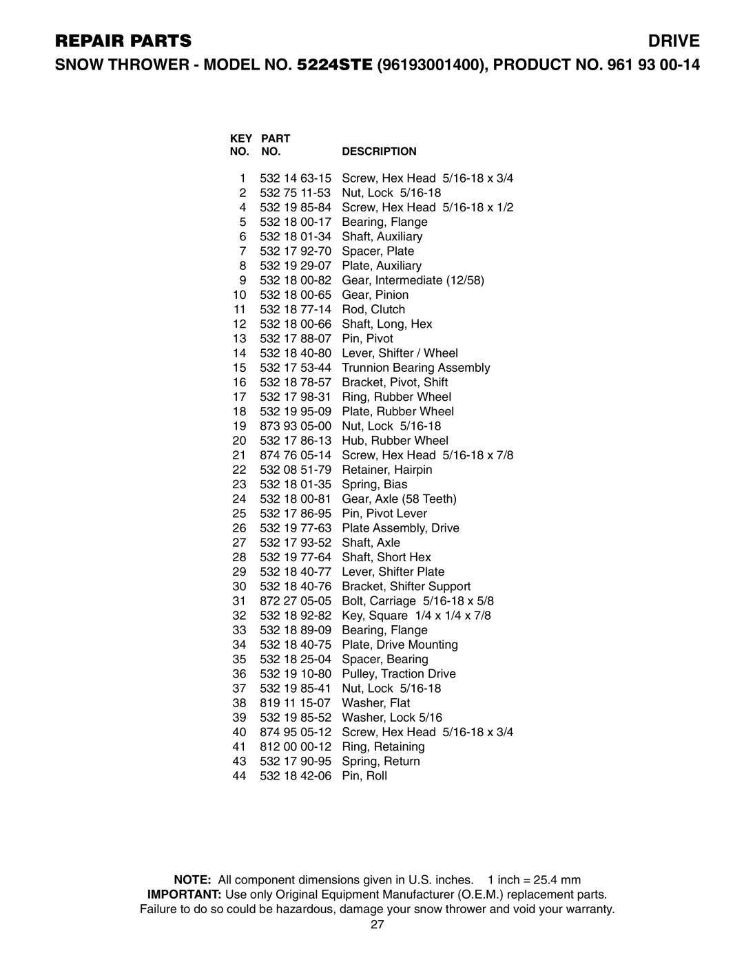 Husqvarna 5524STE owner manual Repair Parts 