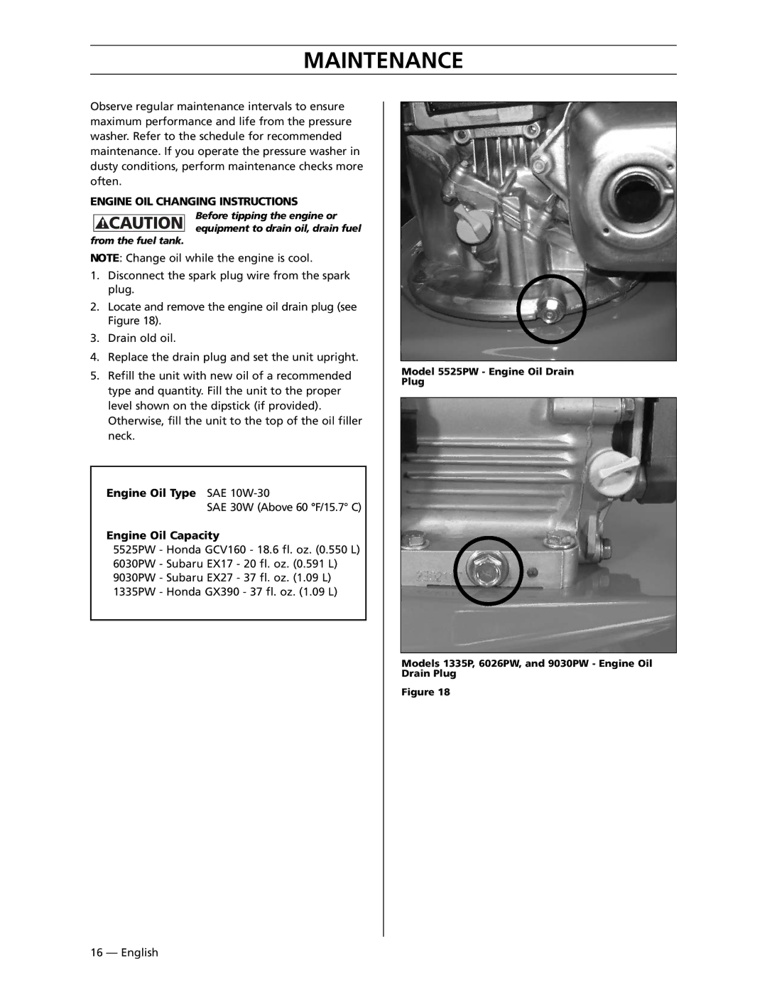 Husqvarna 6026PW, 5525PW Maintenance, Engine OIL Changing Instructions, Engine Oil Type SAE 10W-30, Engine Oil Capacity 