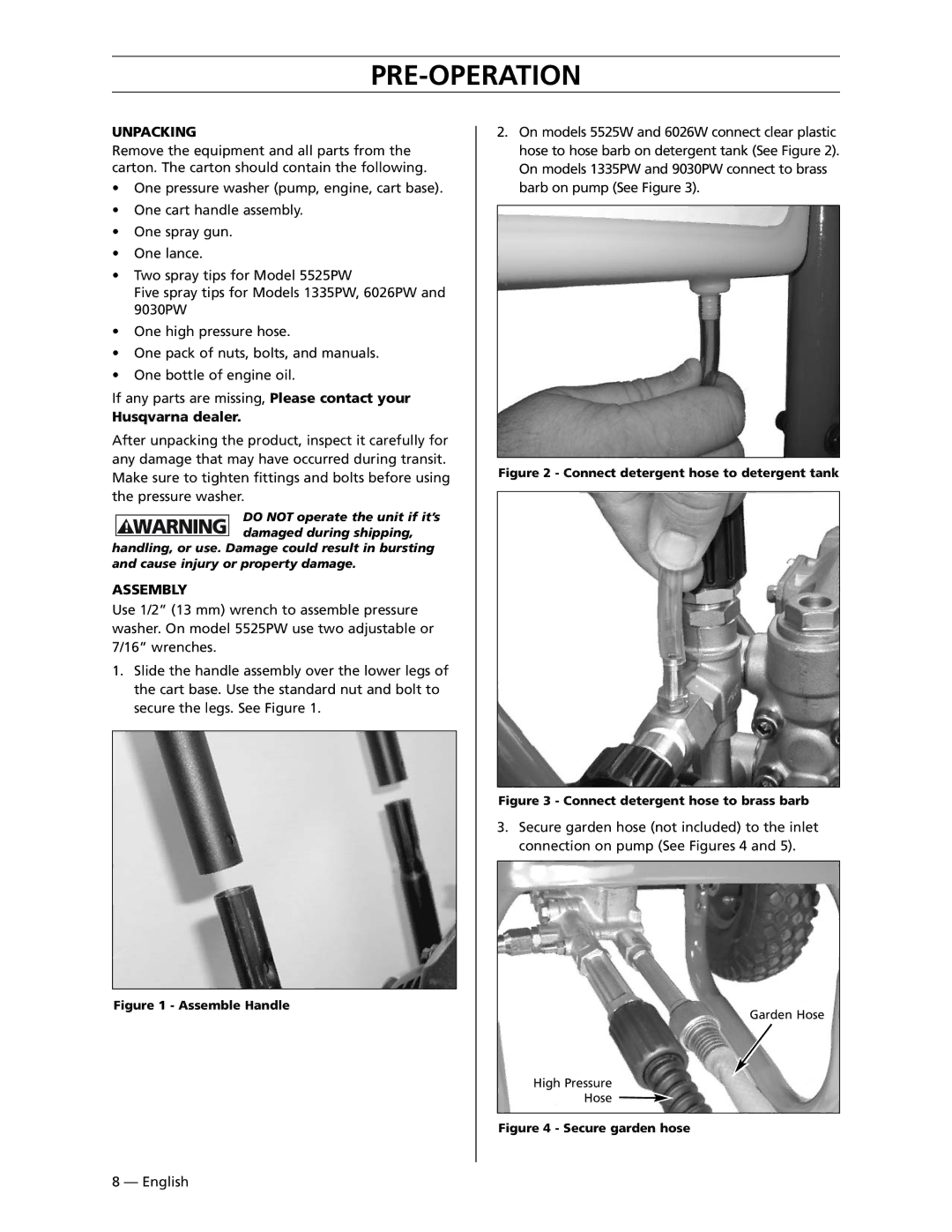 Husqvarna 6026PW, 5525PW, 1335PW, 9030PW manual Pre-Operation, Unpacking, Husqvarna dealer, Assembly 