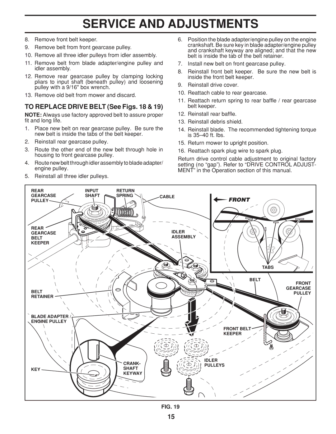 Husqvarna 5525PW warranty To Replace Drive Belt See Figs, Front 