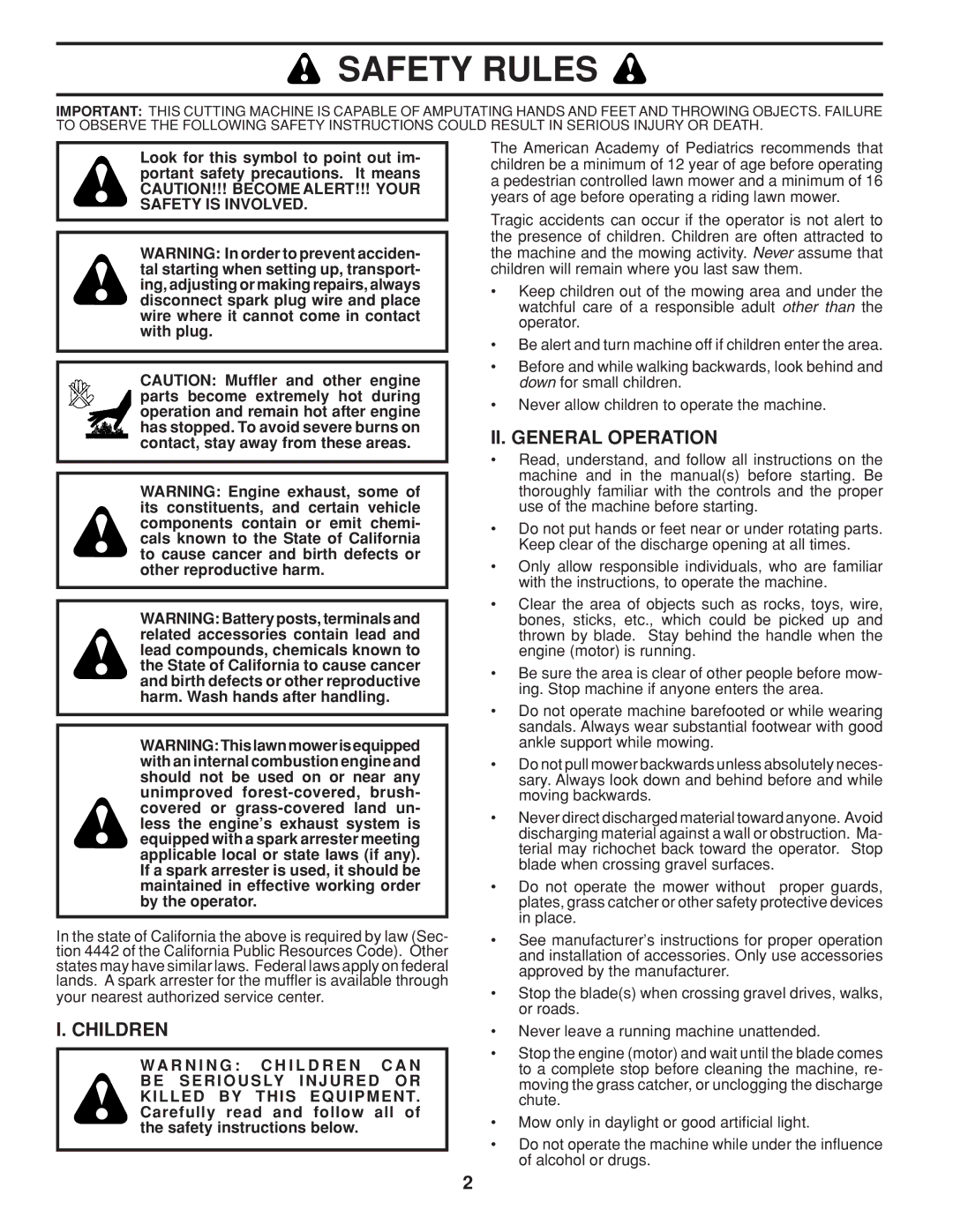 Husqvarna 5525PW warranty Safety Rules, Children, II. General Operation 