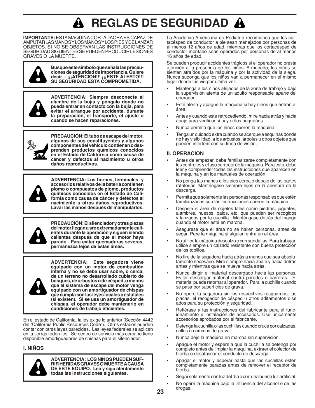 Husqvarna 5525PW warranty Reglas DE Seguridad, Niños, II. Operacion 