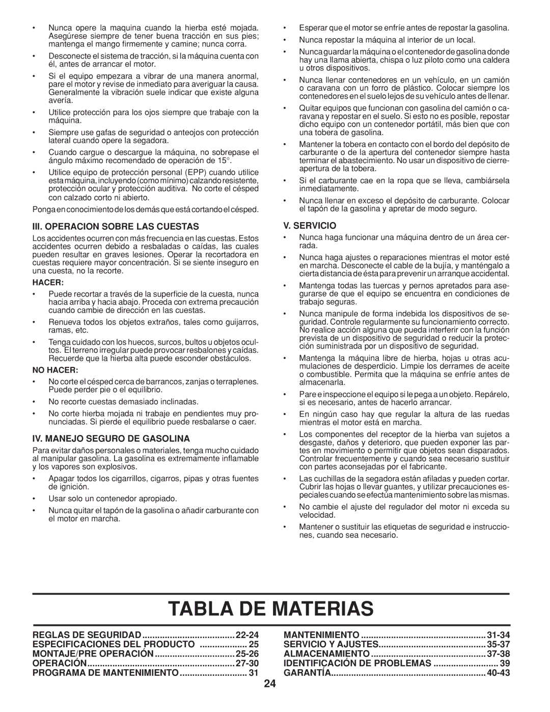 Husqvarna 5525PW warranty Tabla DE Materias, III. Operacion Sobre LAS Cuestas, IV. Manejo Seguro DE Gasolina, Servicio 