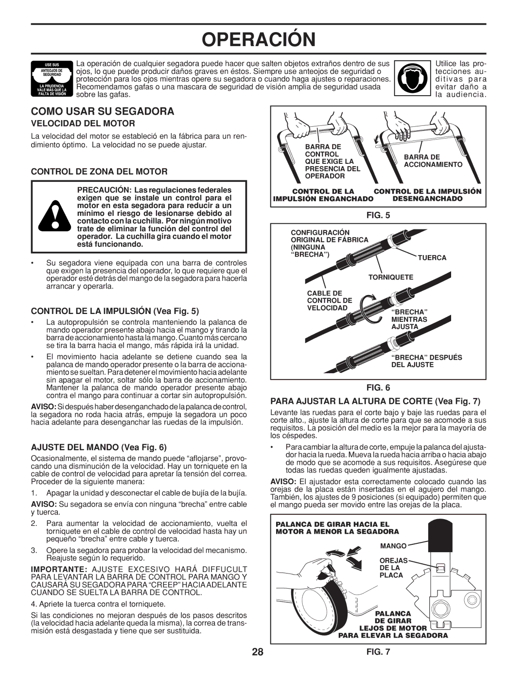 Husqvarna 5525PW warranty Como Usar SU Segadora, Velocidad DEL Motor, Control DE Zona DEL Motor 