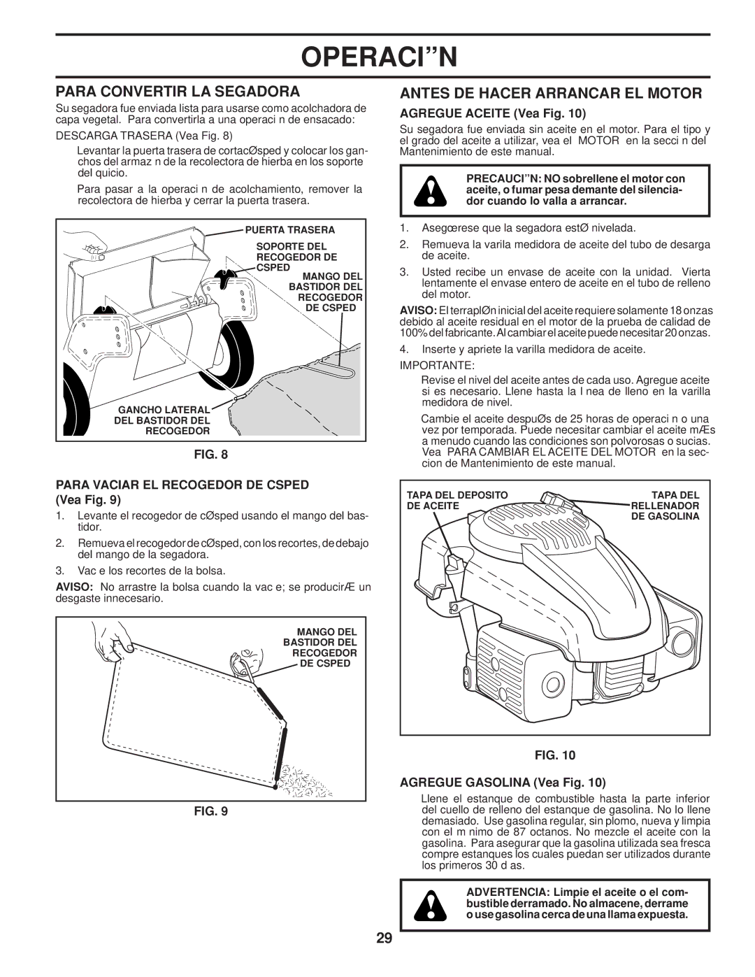 Husqvarna 5525PW Para Convertir LA Segadora, Antes DE Hacer Arrancar EL Motor, Para Vaciar EL Recogedor DE Césped Vea Fig 