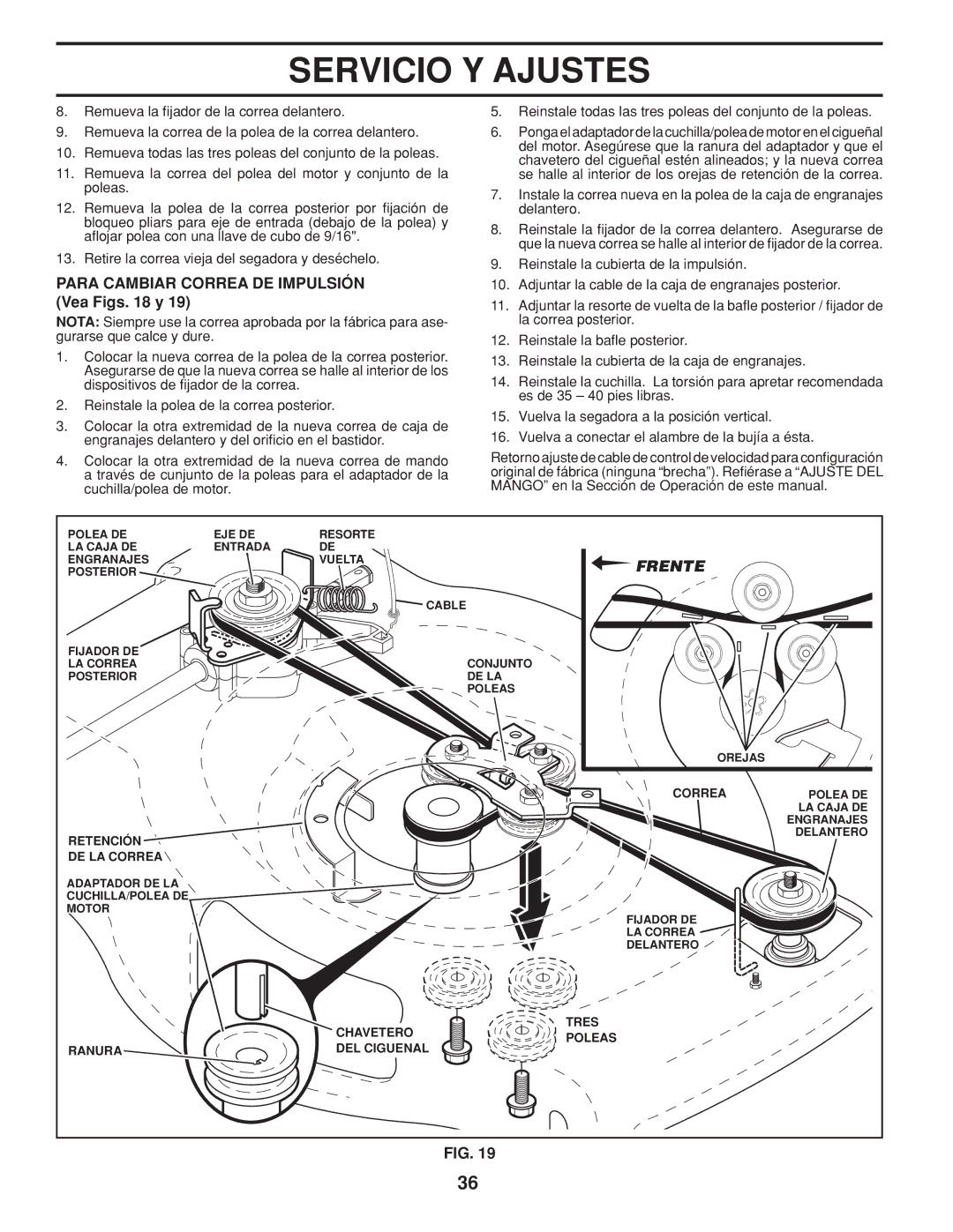 Husqvarna 5525PW warranty Para Cambiar Correa DE Impulsión Vea Figs y, Frente 