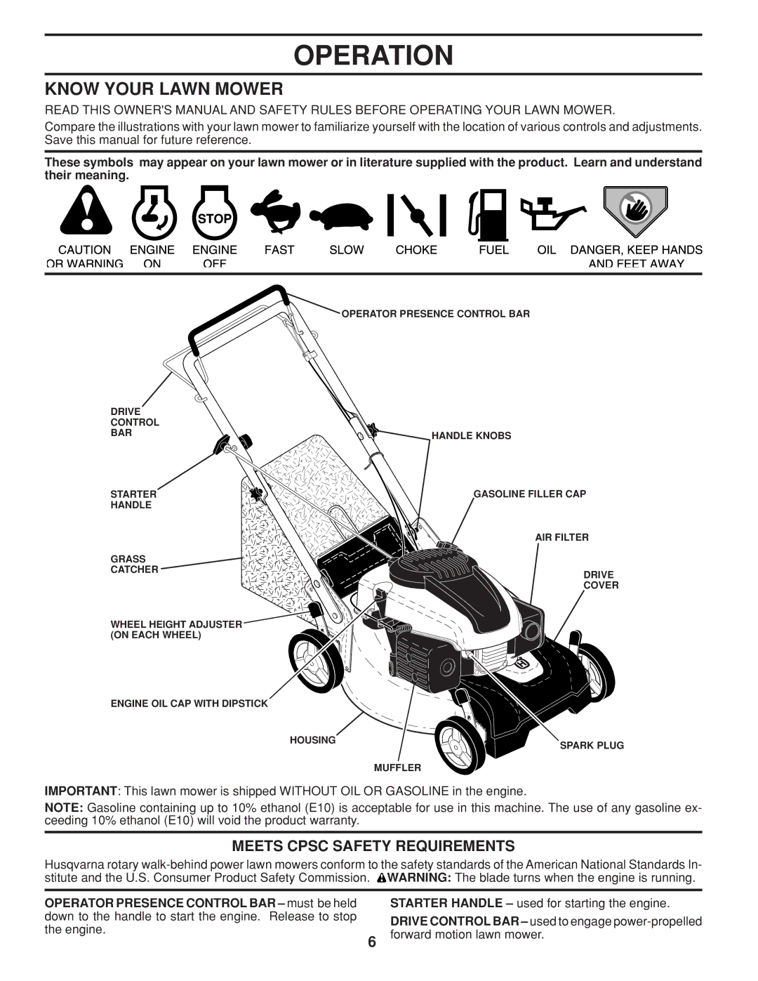 Husqvarna 5525PW warranty Operation, Know Your Lawn Mower, Meets Cpsc Safety Requirements 