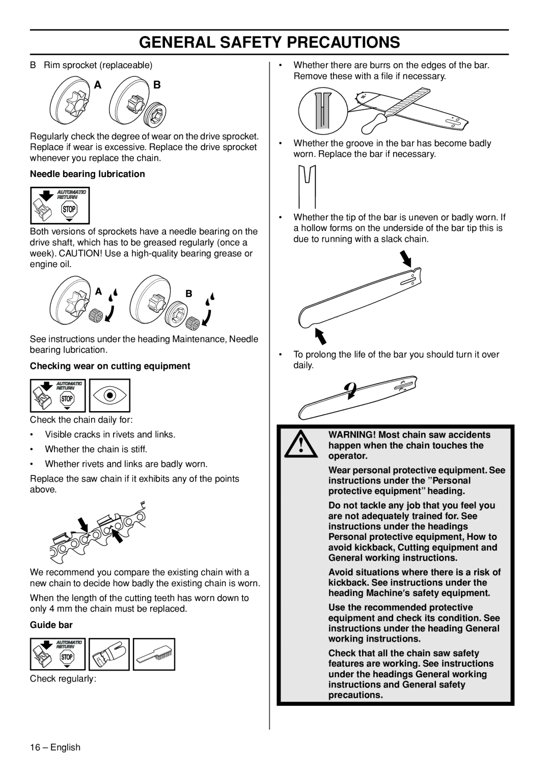 Husqvarna 555, 562XPG, 556, 560XPG manual Needle bearing lubrication, Checking wear on cutting equipment 