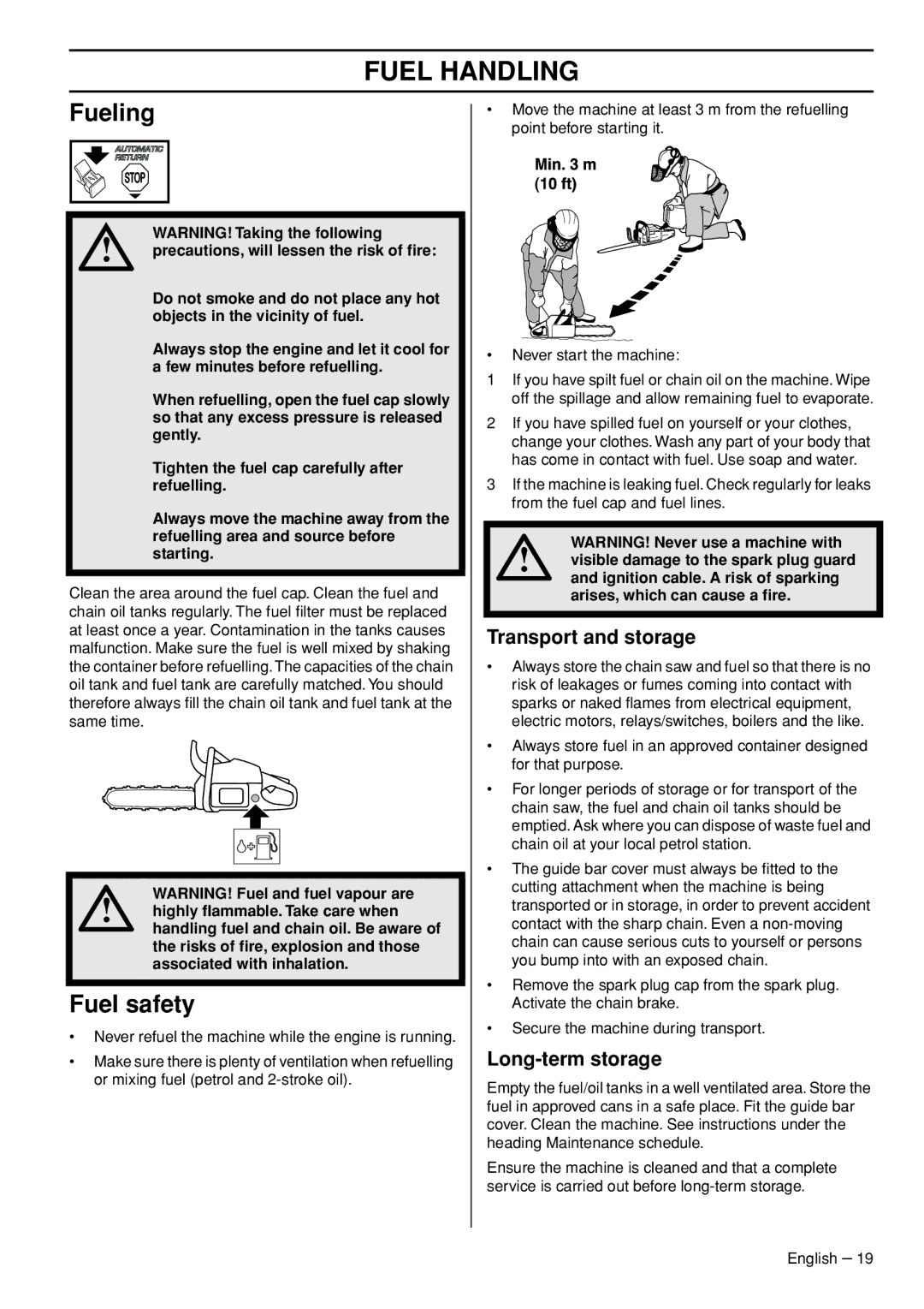 Husqvarna 555, 562XPG, 556, 560XPG manual Fueling, Fuel safety, Transport and storage, Long-term storage 