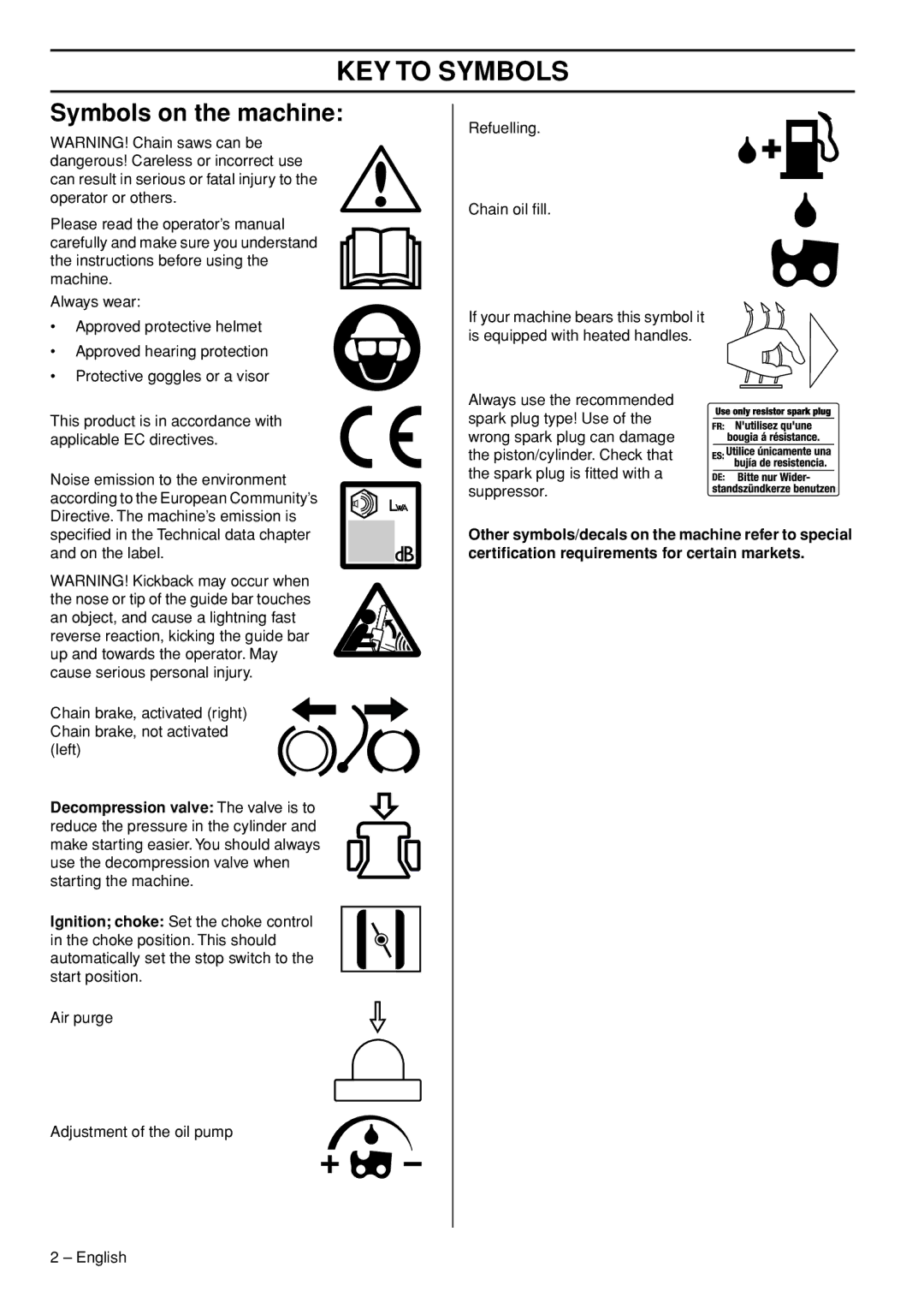 Husqvarna 562XPG, 555, 556, 560XPG manual KEY to Symbols, Symbols on the machine 