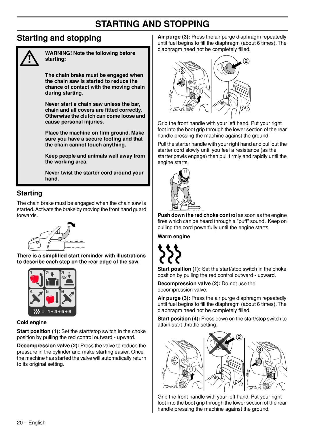 Husqvarna 562XPG, 555, 556, 560XPG manual Starting and Stopping, Starting and stopping 