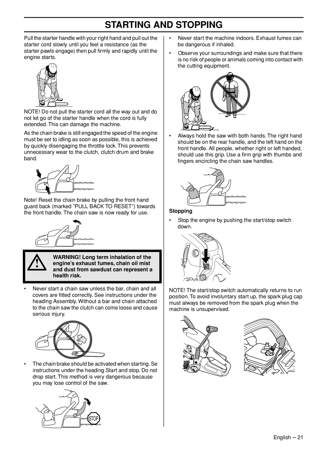 Husqvarna 556, 555, 562XPG, 560XPG manual Health risk, Stopping 