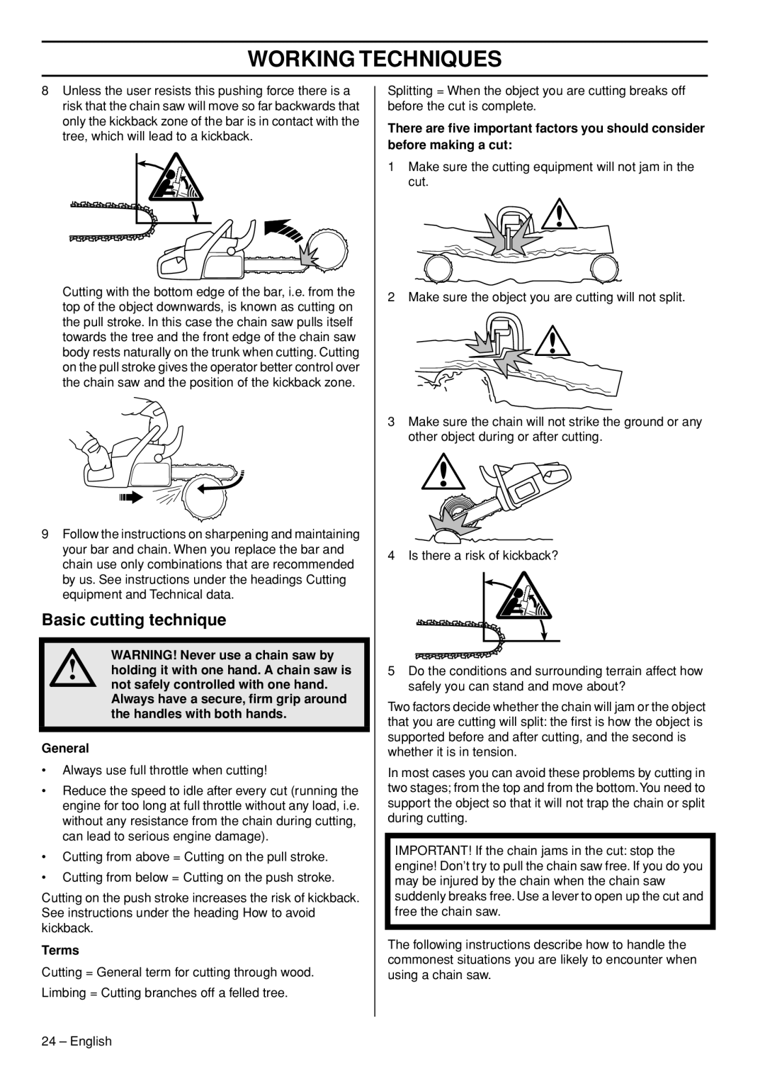 Husqvarna 555, 562XPG, 556, 560XPG manual Basic cutting technique, Terms 