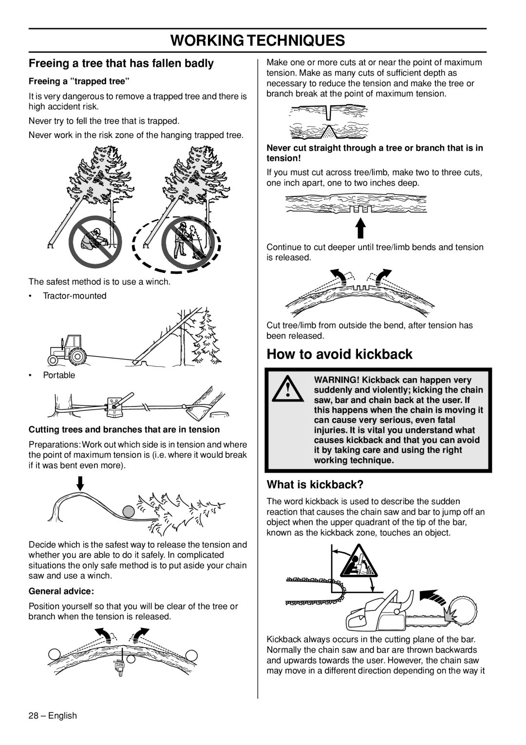 Husqvarna 555, 562XPG, 556, 560XPG manual How to avoid kickback, Freeing a tree that has fallen badly, What is kickback? 