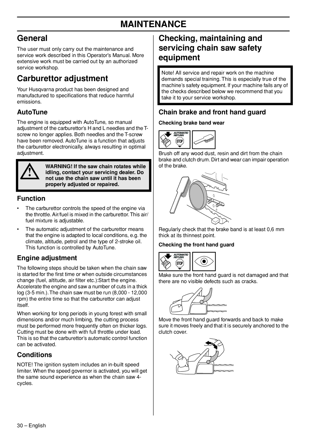 Husqvarna 555, 562XPG, 556, 560XPG manual Maintenance, General, Carburettor adjustment 