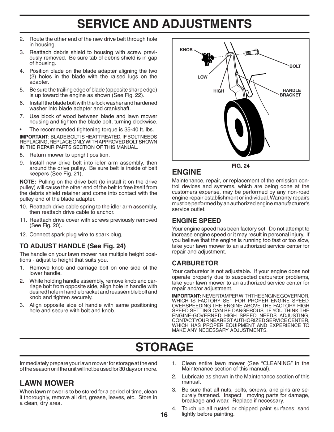 Husqvarna 55B21HV owner manual Storage, To Adjust Handle See Fig, Engine Speed, Carburetor 