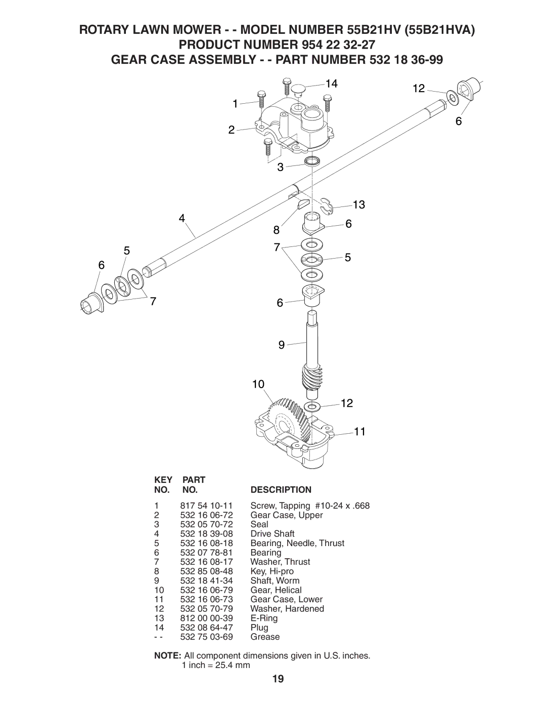 Husqvarna owner manual Rotary Lawn Mower - Model Number 55B21HV 55B21HVA, Gear Case Assembly - Part Number 532 18 